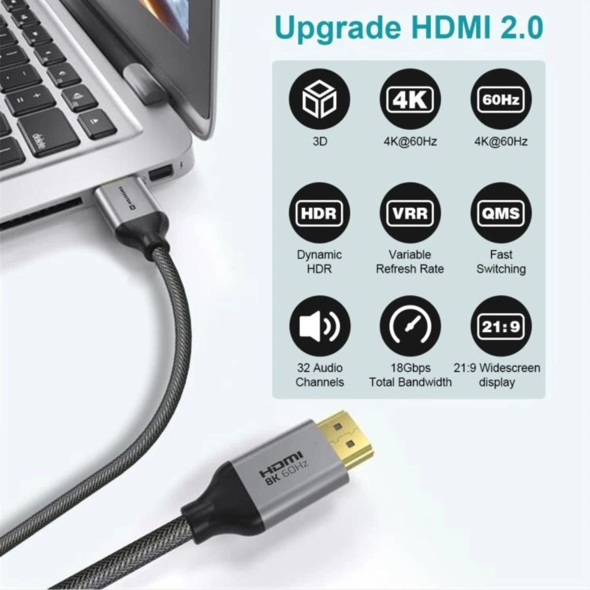 Swissten Καλώδιο HDMI 2.0 4K/60Hz Braided με Gold Plated Βύσματα 3m 75501103