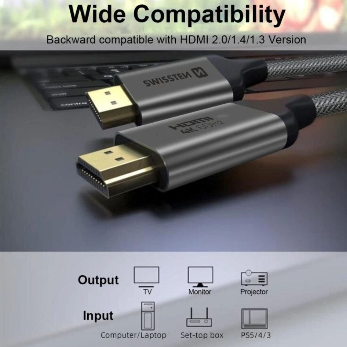 Swissten Καλώδιο HDMI 2.0 4K/60Hz Braided με Gold Plated Βύσματα 3m 75501103