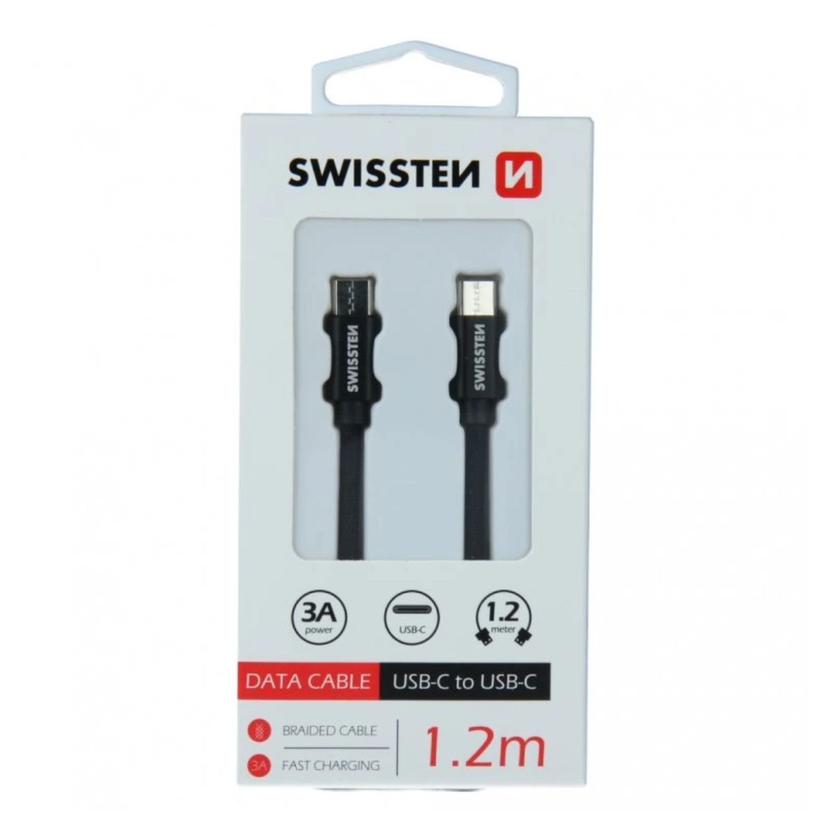 Swissten USB-C σε USB-C Braided Καλώδιο 3A με Ανοδιωμένο Αλουμίνιο 1.2m 71527201 Μαύρο