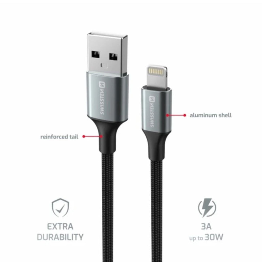 Swissten Braided Καλώδιο USB-A σε Lightning 3A με Aluminum Shell & Reinforced Tail 1.5m 71523309 Μαύρο