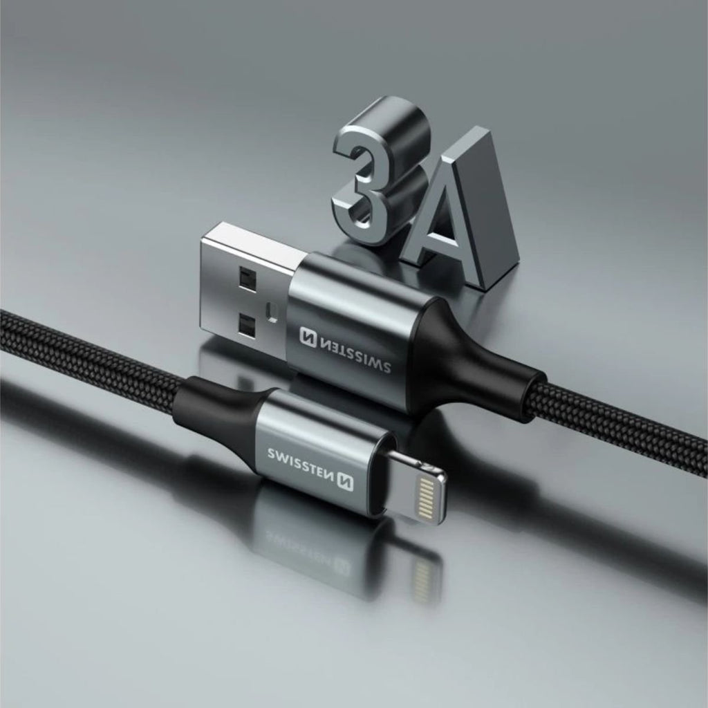 Swissten Braided Καλώδιο USB-A σε Lightning 3A με Aluminum Shell & Reinforced Tail 1.5m 71523309 Μαύρο