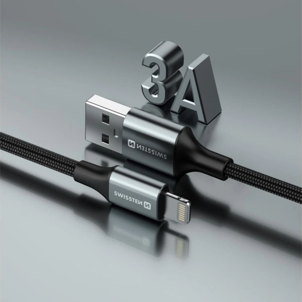 Swissten Braided Καλώδιο USB-A σε Lightning 3A με Aluminum Shell & Reinforced Tail 1.5m 71523309 Μαύρο
