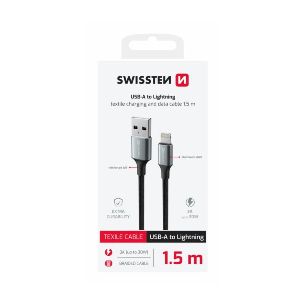 Swissten Braided Καλώδιο USB-A σε Lightning 3A με Aluminum Shell & Reinforced Tail 1.5m 71523309 Μαύρο
