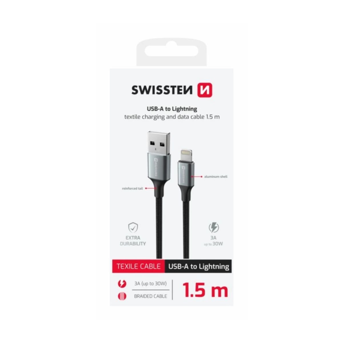 Swissten Braided Καλώδιο USB-A σε Lightning 3A με Aluminum Shell & Reinforced Tail 1.5m 71523309 Μαύρο