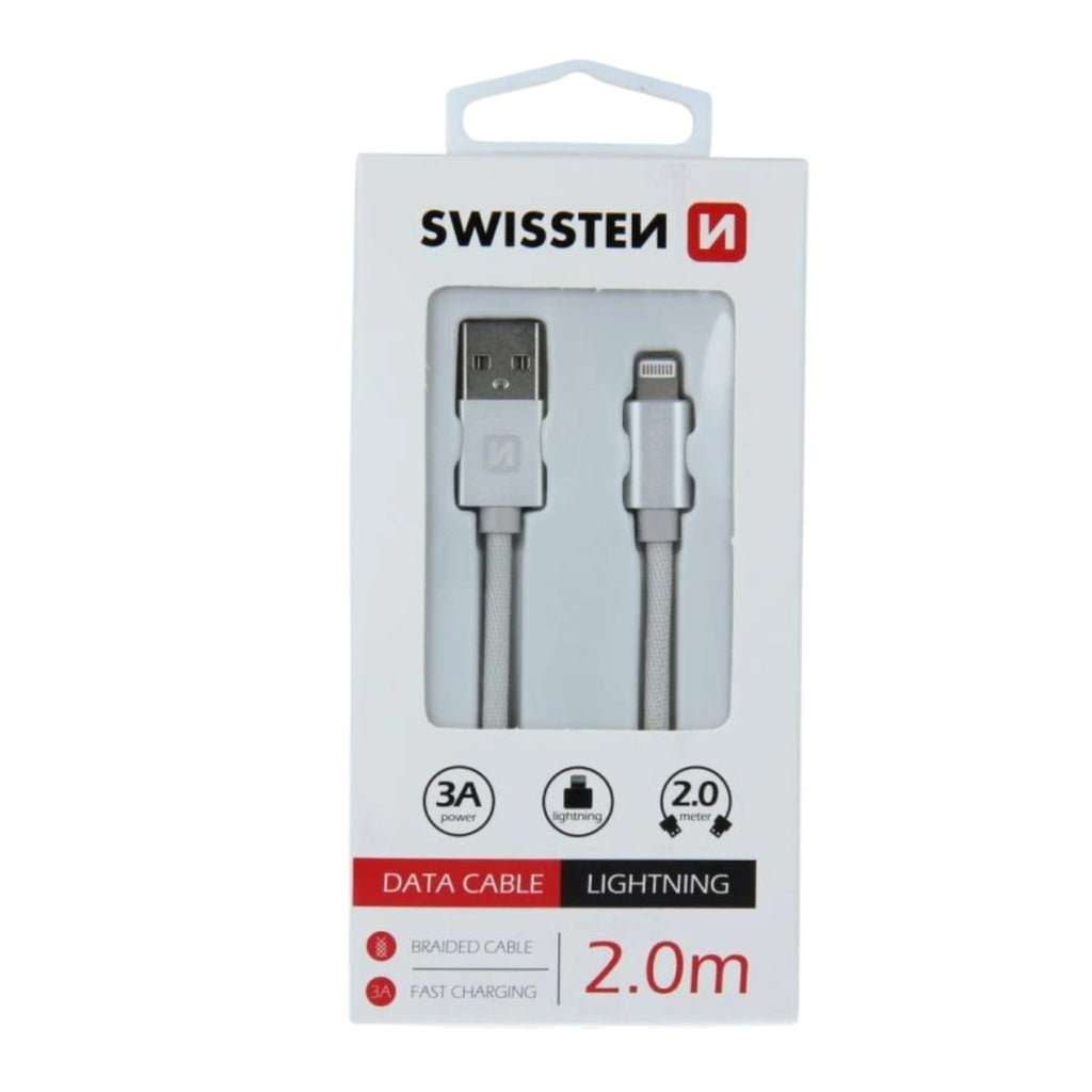 Swissten USB-A σε Lightning Braided Καλώδιο 3A με Μεταλλικούς Συνδέσμους 2m 71523303 Ασημί