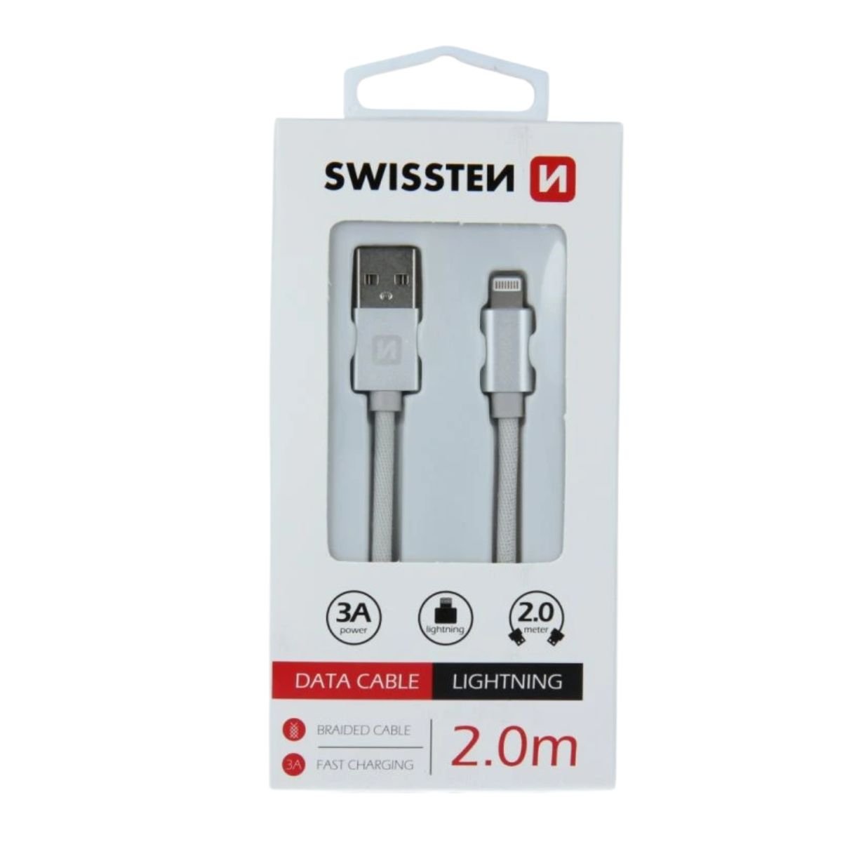 Swissten USB-A σε Lightning Braided Καλώδιο 3A με Μεταλλικούς Συνδέσμους 2m 71523303 Ασημί