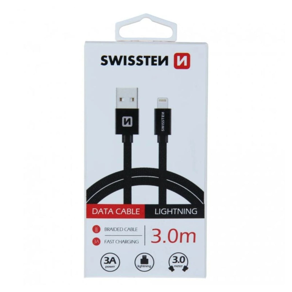 Swissten USB-A σε Lightning Braided Καλώδιο 3A με Μεταλλικούς Συνδέσμους 3m 71527600 Μαύρο