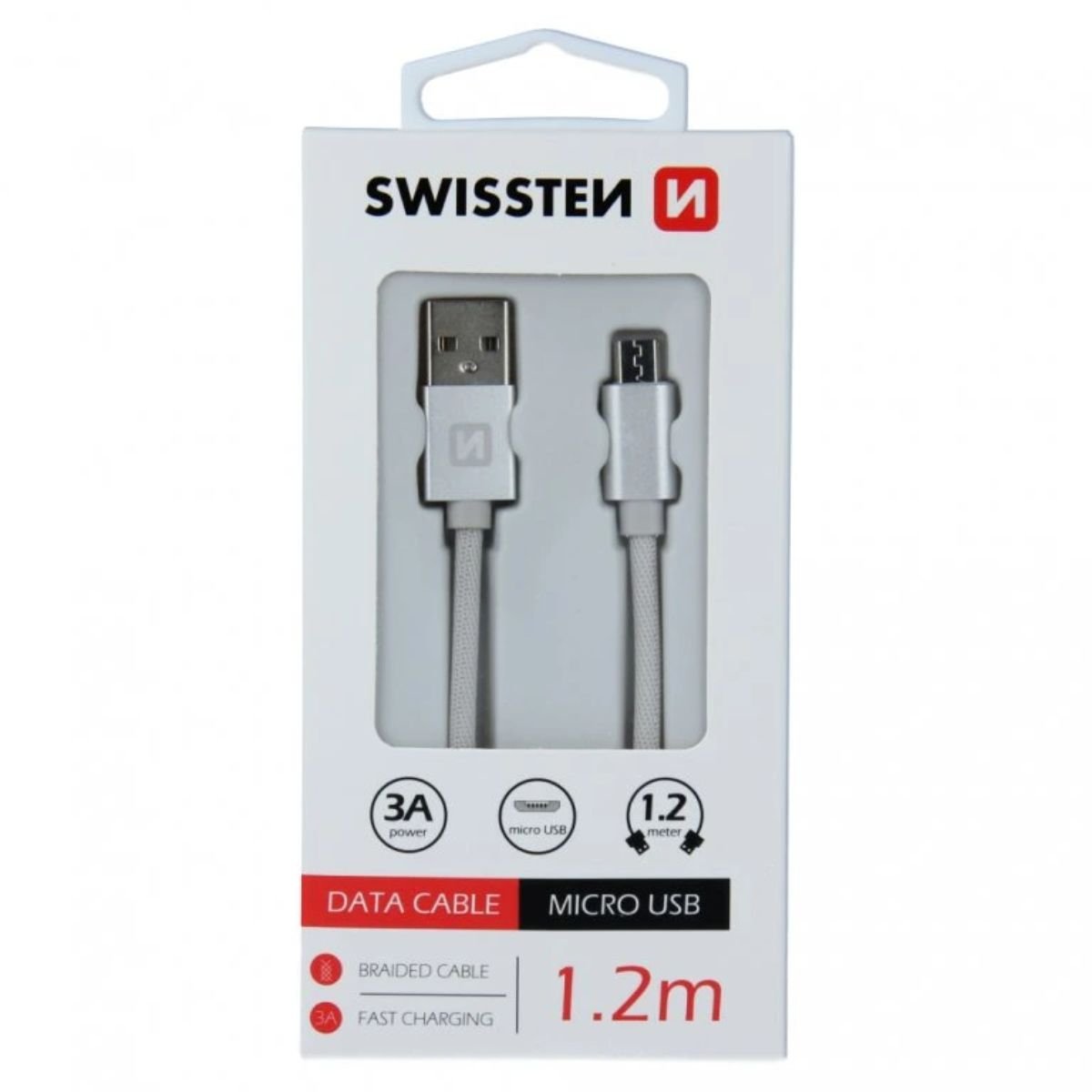 Swissten USB-A σε Micro USB Braided Καλώδιο 3A με Ανοδιωμένους Συνδέσμους 1.2m 71522203 Ασημί