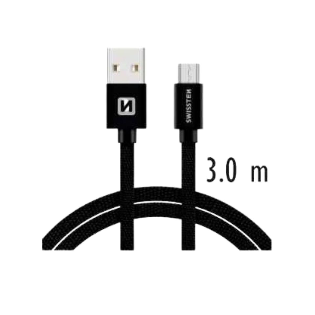 Swissten USB-A σε Micro USB Braided Καλώδιο 3A Fast Charging με Μεταλλικούς Συνδέσμους 3m 71527300 Μαύρο
