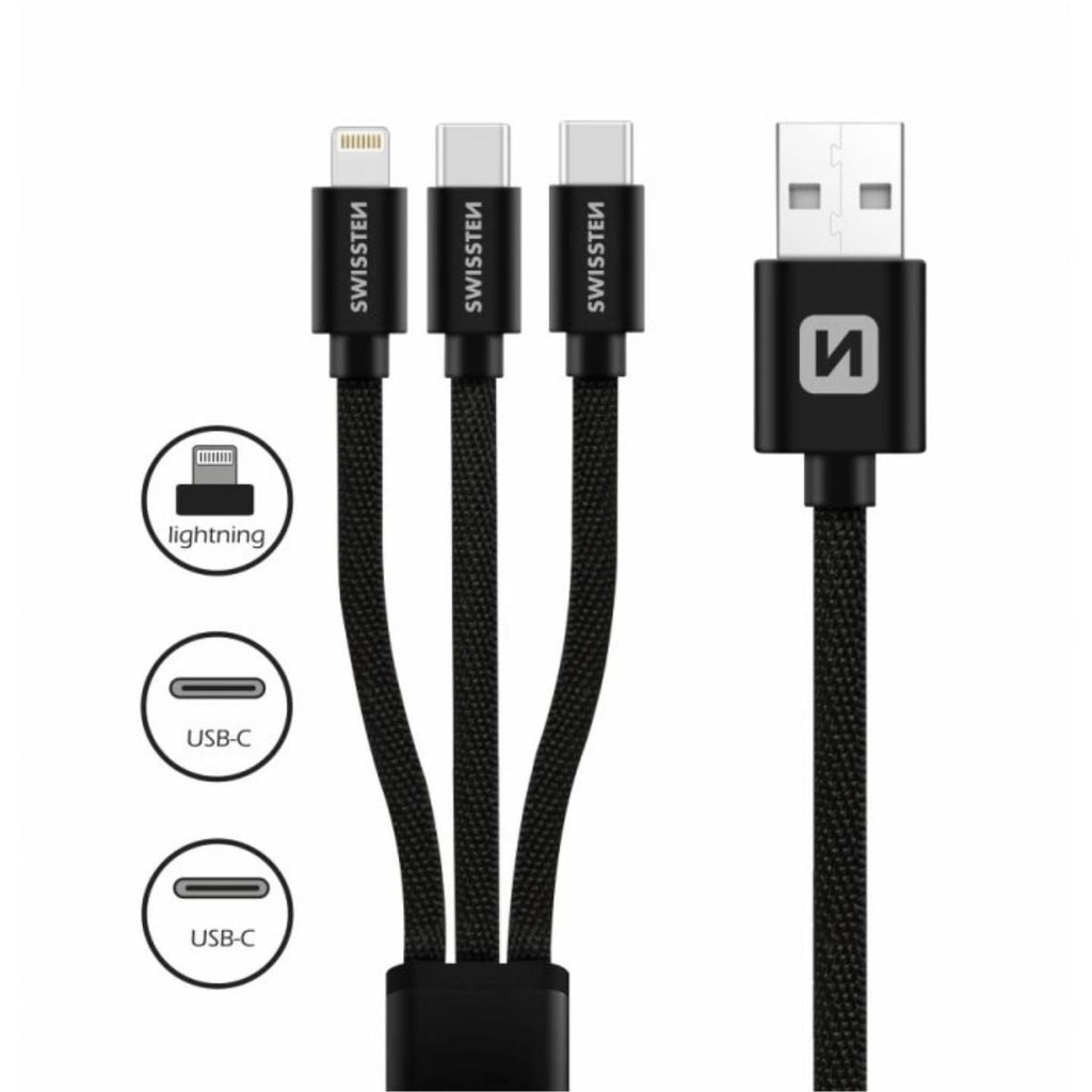 Swissten Textile 3σε1 Καλώδιο Φόρτισης με Lightning & 2x USB-C 1.2m 72501103 Μαύρο