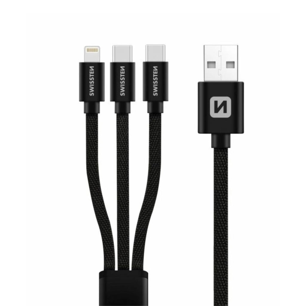 Swissten Textile 3σε1 Καλώδιο Φόρτισης με Lightning & 2x USB-C 1.2m 72501103 Μαύρο
