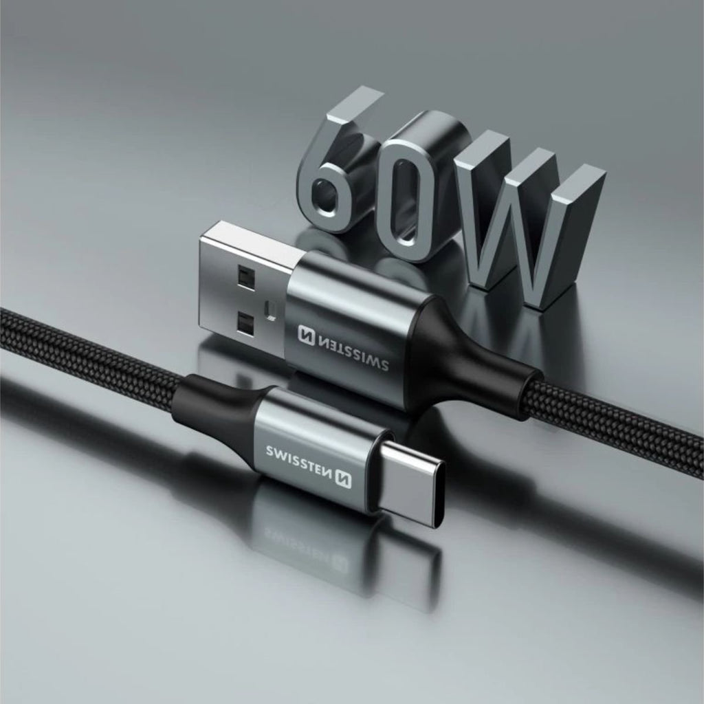 Swissten USB-A σε USB-C Braided Καλώδιο 3A (έως 60W) με Aluminum Shell 1.5m 71521309 Μαύρο