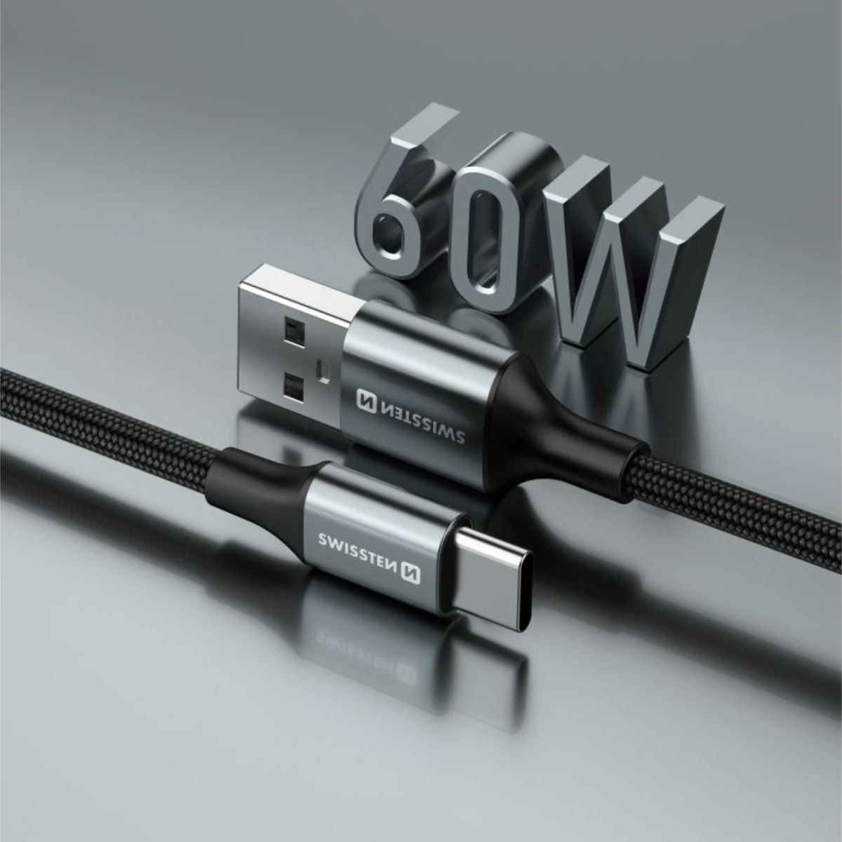 Swissten USB-A σε USB-C Braided Καλώδιο 3A (έως 60W) με Aluminum Shell 1.5m 71521309 Μαύρο