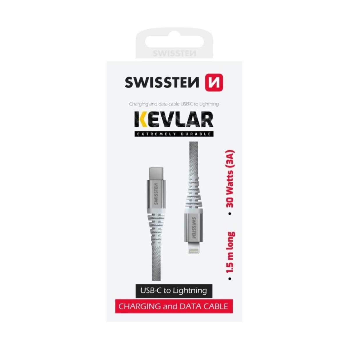 Swissten KEVLAR Καλώδιο USB-C σε Lightning 30W (3A) Extra Durable 1.5m 71541013 Άσπρο