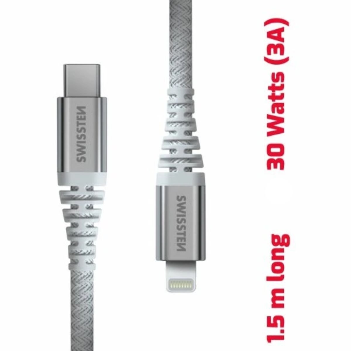 Swissten KEVLAR Καλώδιο USB-C σε Lightning 30W (3A) Extra Durable 1.5m 71541013 Άσπρο