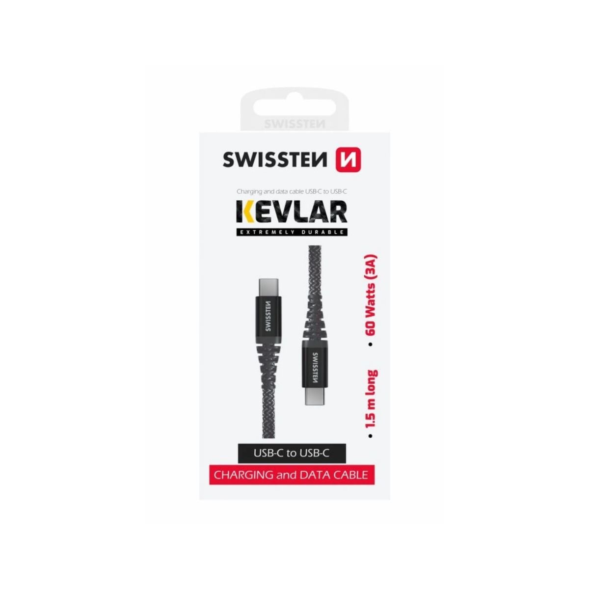 Swissten KEVLAR Καλώδιο USB-C σε USB-C 60W (3A) Extra Durable 1.5m 71542010 Μαύρο