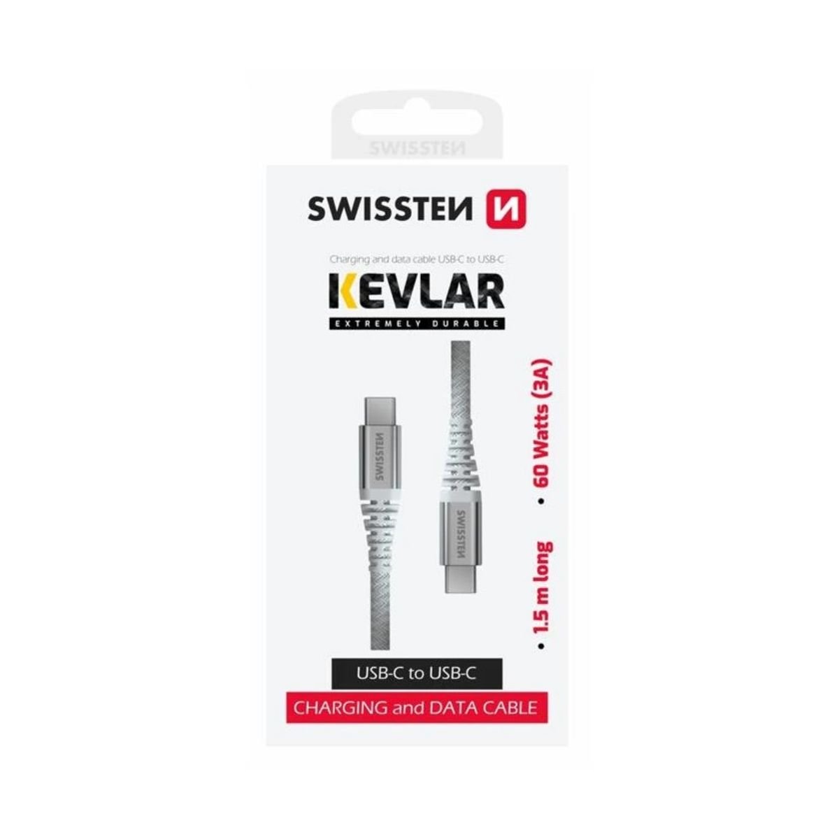 Swissten KEVLAR Καλώδιο USB-C σε USB-C 60W (3A) Extra Durable 1.5m 71541014 Άσπρο