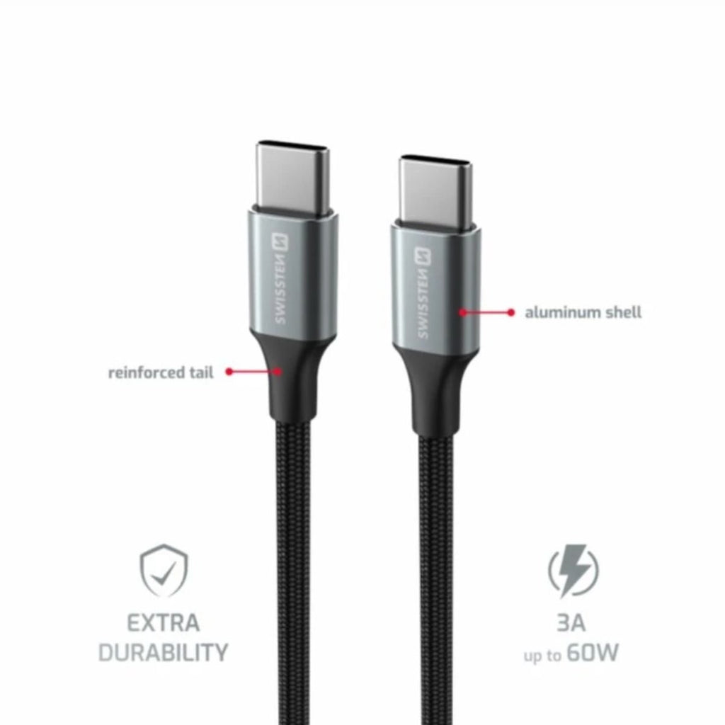 Swissten TEXTILE II Καλώδιο USB-C σε USB-C 60W (3A) με Aluminum Shell 1.5m 71528203 Μαύρο