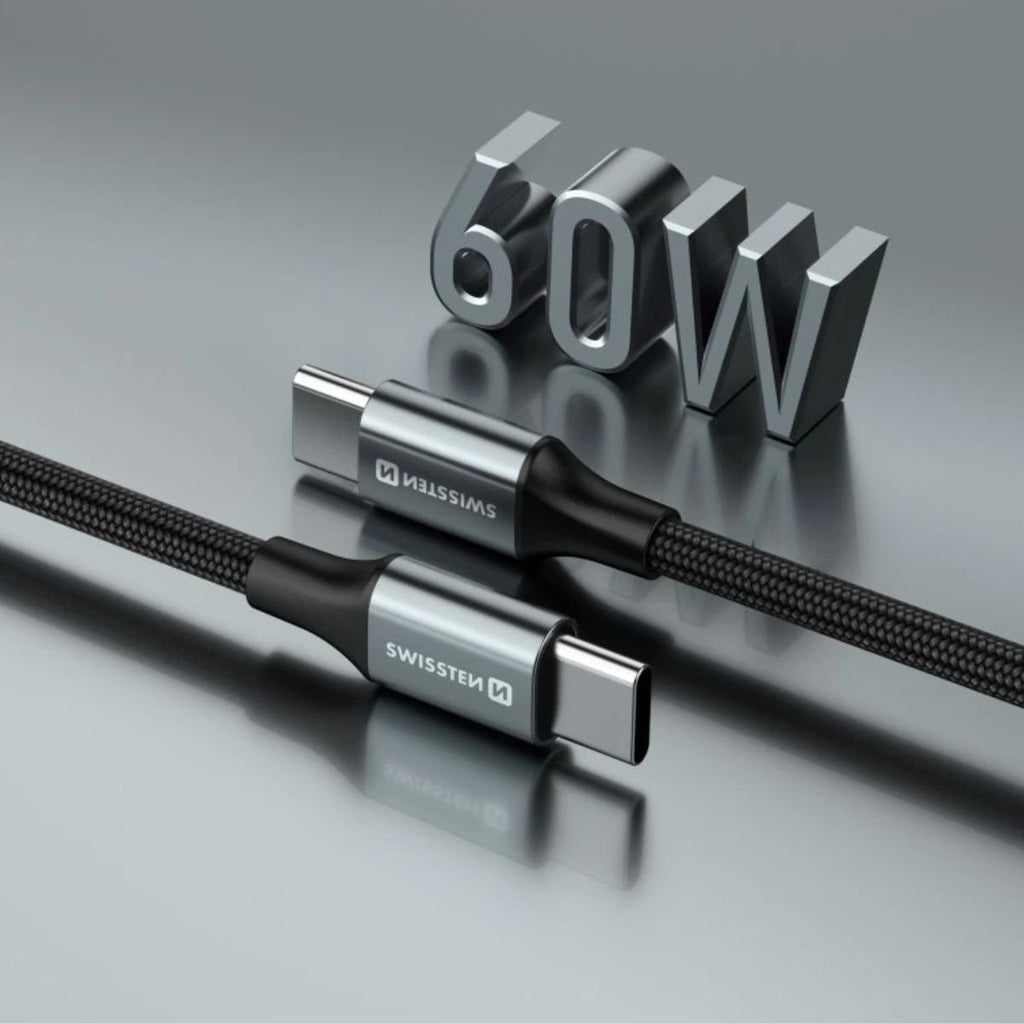 Swissten TEXTILE II Καλώδιο USB-C σε USB-C 60W (3A) με Aluminum Shell 1.5m 71528203 Μαύρο