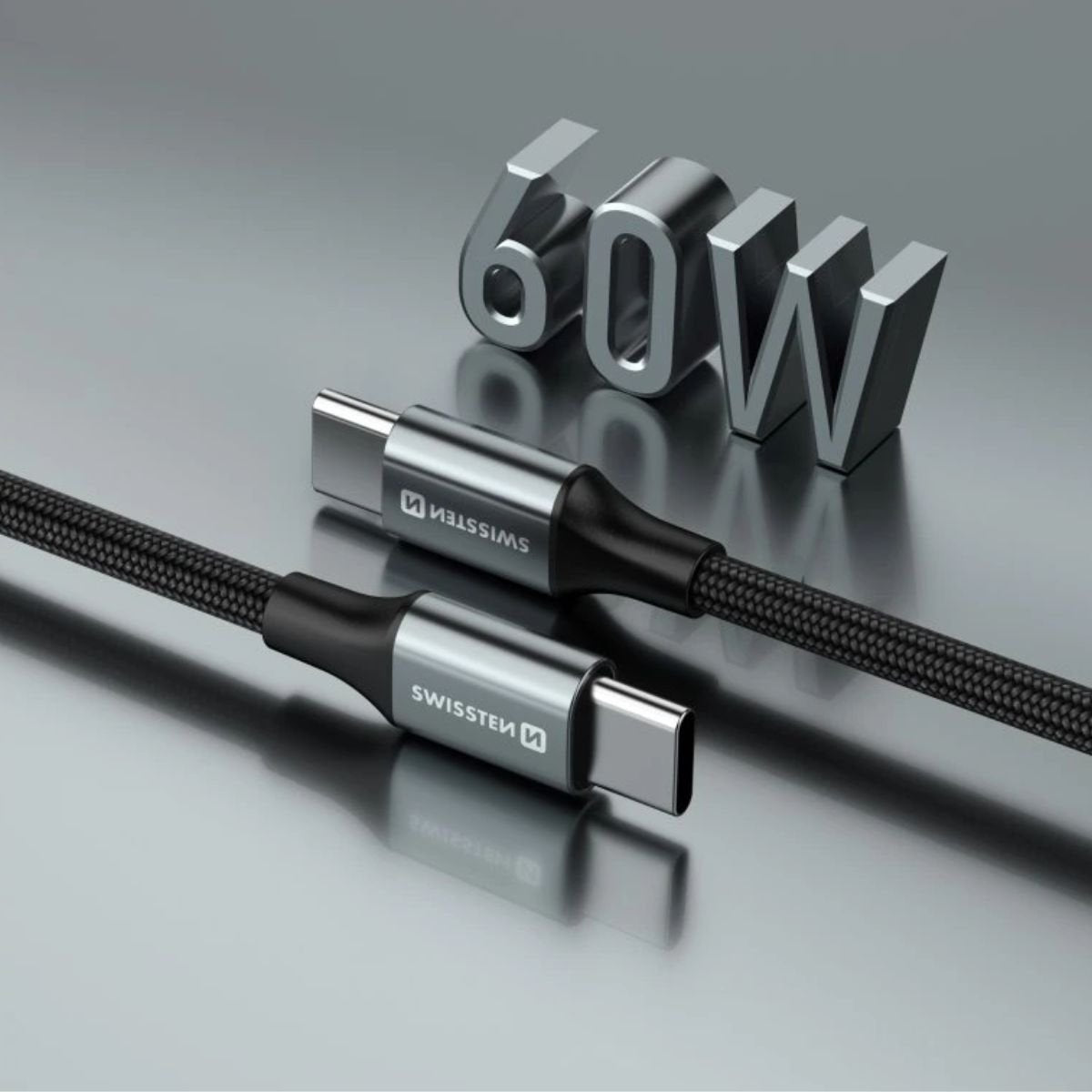 Swissten TEXTILE II Καλώδιο USB-C σε USB-C 60W (3A) με Aluminum Shell 1.5m 71528203 Μαύρο