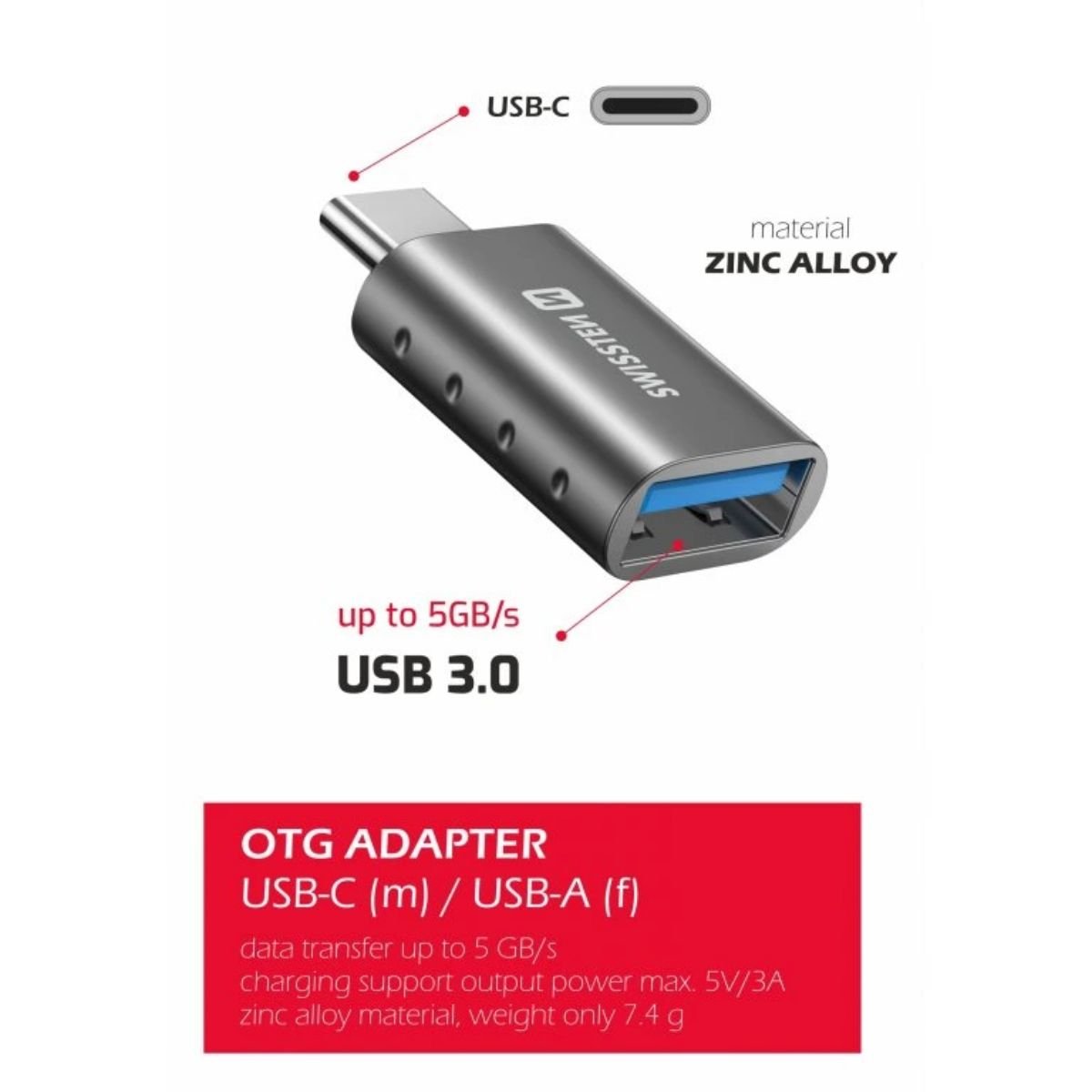 SWISSTEN OTG Adapter USB-C σε USB-A με Υποστήριξη Μεταφοράς Δεδομένων Υψηλής Ταχύτητας 55500100