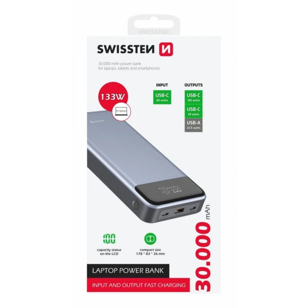 SWISSTEN Powerbank 30000 mAh 133W Power Delivery με LCD Οθόνη & Γρήγορη Φόρτιση 22013917 Γκρι