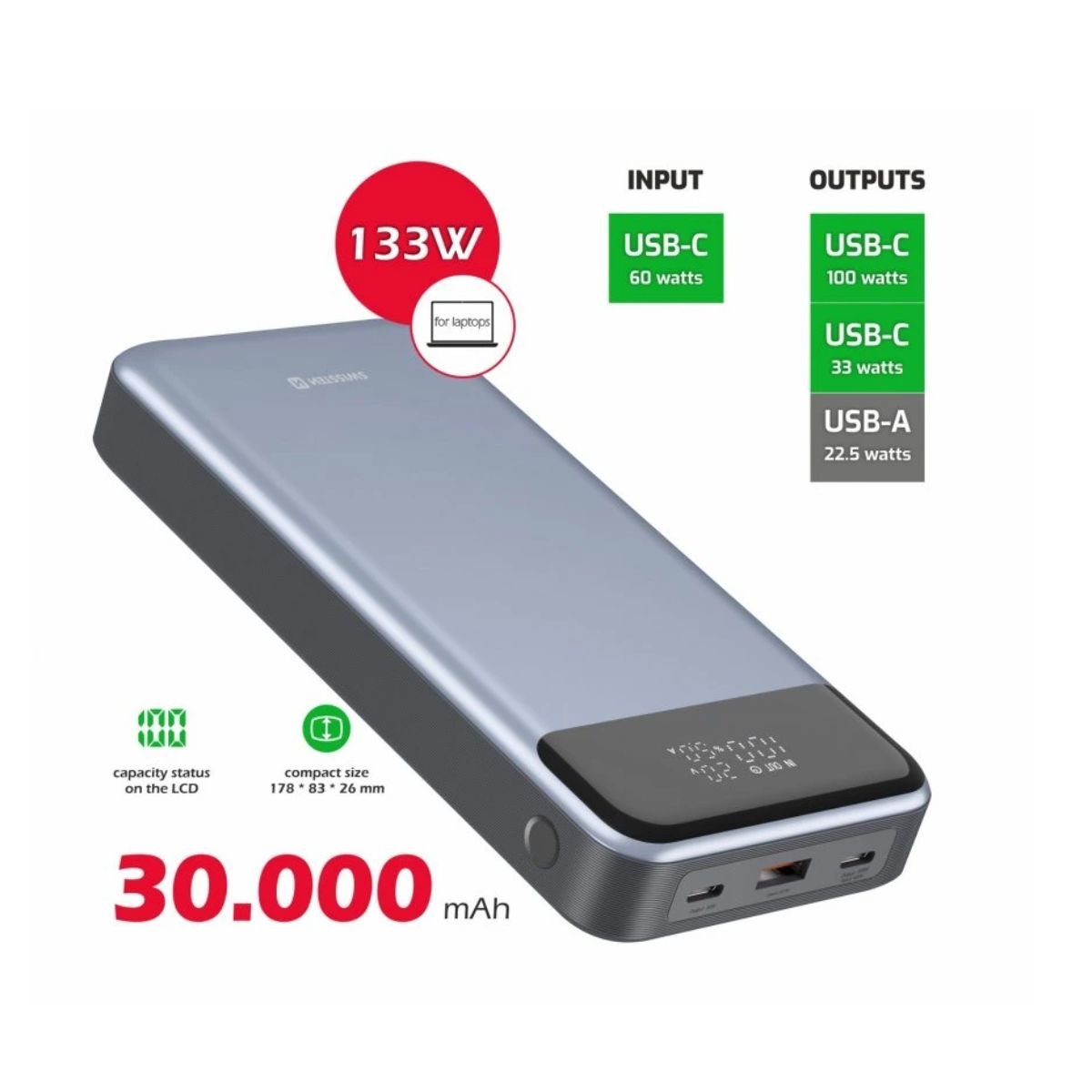 SWISSTEN Powerbank 30000 mAh 133W Power Delivery με LCD Οθόνη & Γρήγορη Φόρτιση 22013917 Γκρι