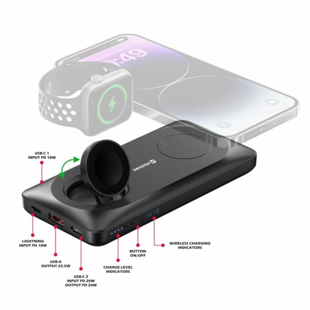 SWISSTEN Powerbank 10.000 mAh 2in1 με Ασύρματη Φόρτιση MagSafe & Apple Watch 22013973
