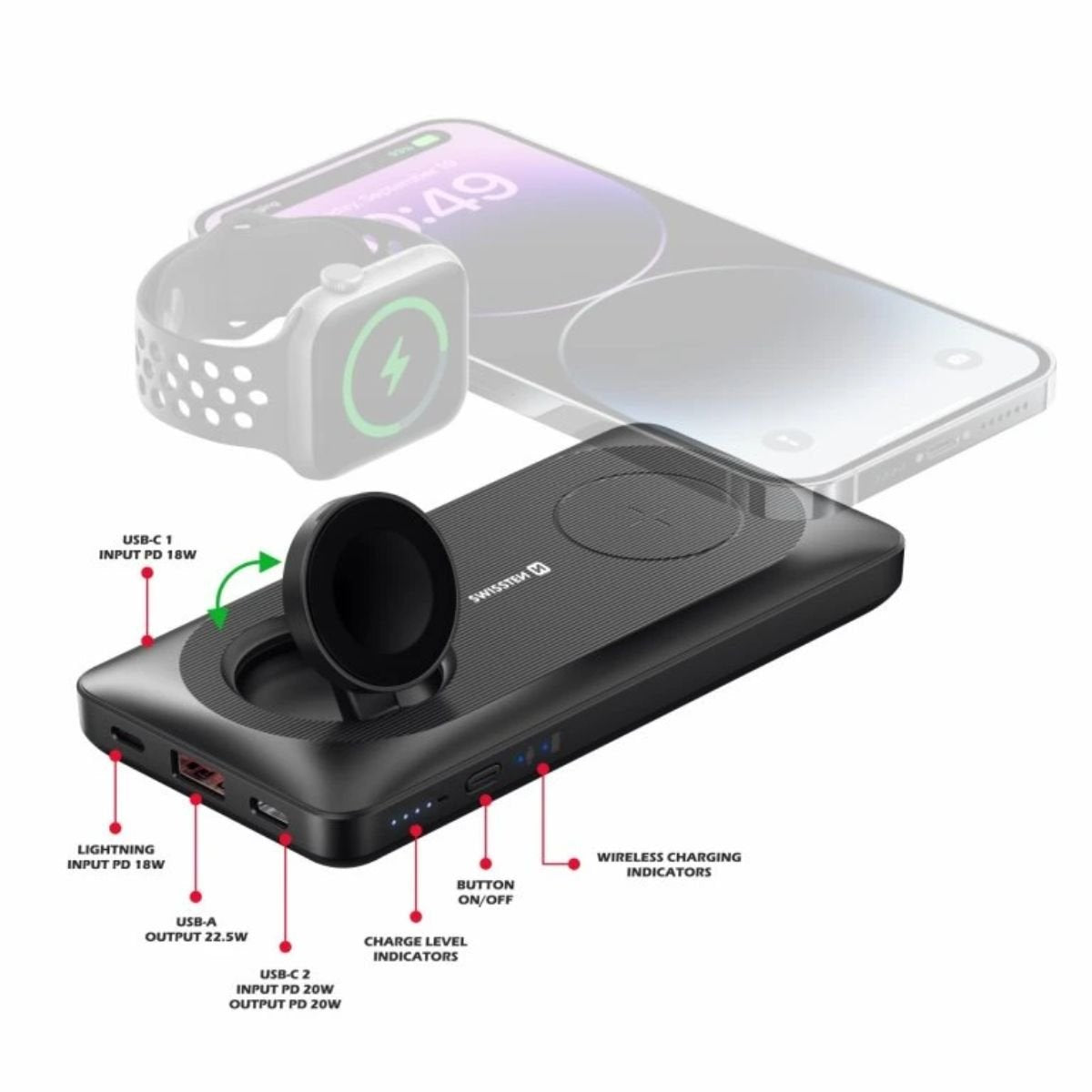 SWISSTEN Powerbank 10.000 mAh 2in1 με Ασύρματη Φόρτιση MagSafe & Apple Watch 22013973