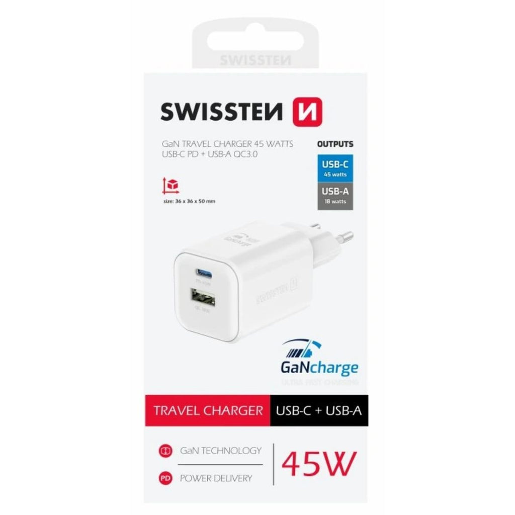 Swissten GaN Φορτιστής 45W PD με USB-C & USB-A QC Compact Travel Charger 22071300 Άσπρο