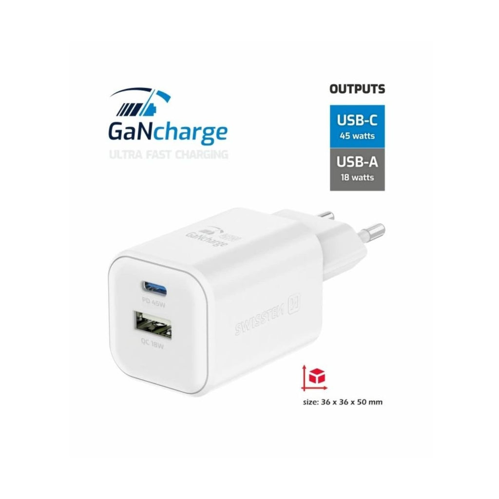 Swissten GaN Φορτιστής 45W PD με USB-C & USB-A QC Compact Travel Charger 22071300 Άσπρο