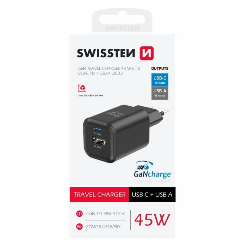 SWISSTEN GaN Φορτιστής 45W με USB-C Power Delivery & USB-A Quick Charge 22071310 Μαύρο