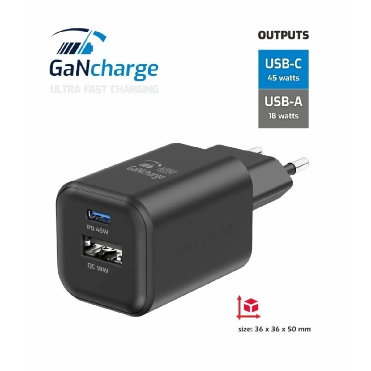 SWISSTEN GaN Φορτιστής 45W με USB-C Power Delivery & USB-A Quick Charge 22071310 Μαύρο