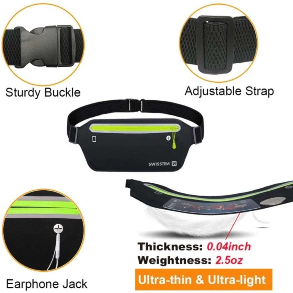 SWISSTEN Αθλητική Θήκη Μέσης (Running Belt) με Αδιάβροχο Υλικό & Ανακλαστικά Στοιχεία 32903400 Μαύρο