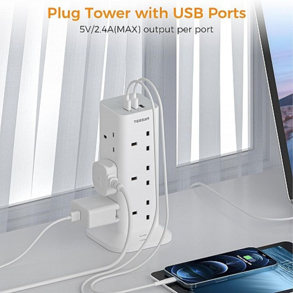 Tessan Πολύπριζο 3250W 2m με 12 Πρίζες, 2 USB-A & 1 USB-C TPS04-UK-C