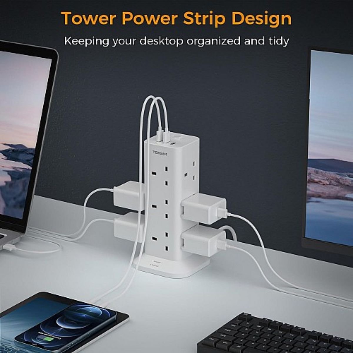 Tessan Πολύπριζο 3250W 2m με 12 Πρίζες, 2 USB-A & 1 USB-C TPS04-UK-C