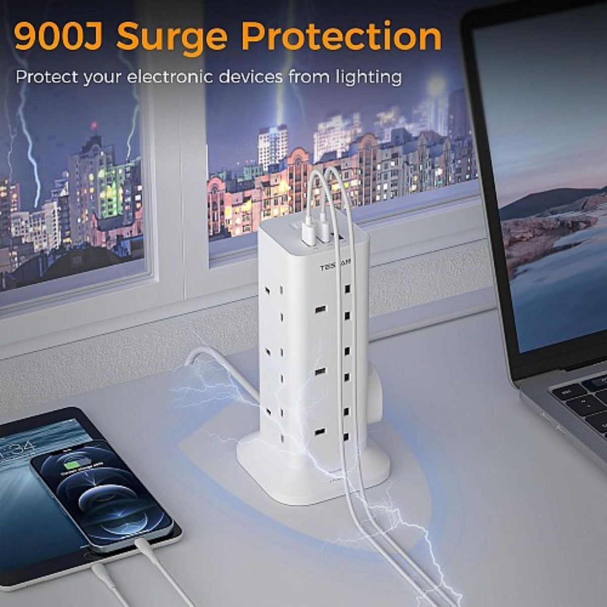 Tessan Πολύπριζο 3250W 2m με 12 Πρίζες, 2 USB-A & 1 USB-C TPS04-UK-C