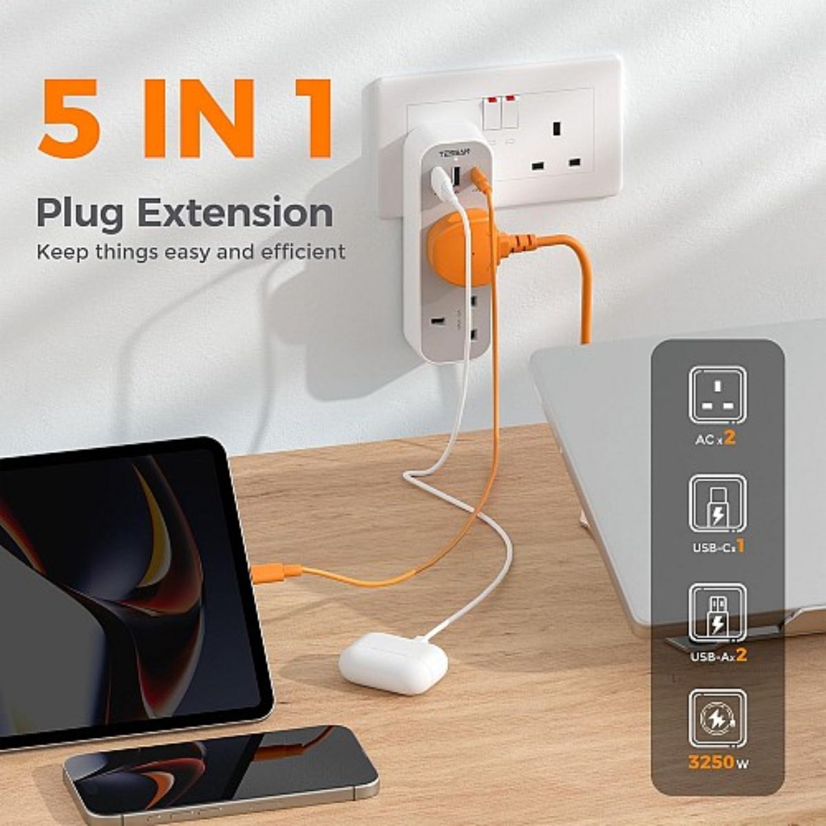 Tessan Αντάπτορας Πρίζας 2 Θέσεων με 3 Θύρες USB TS-222-C