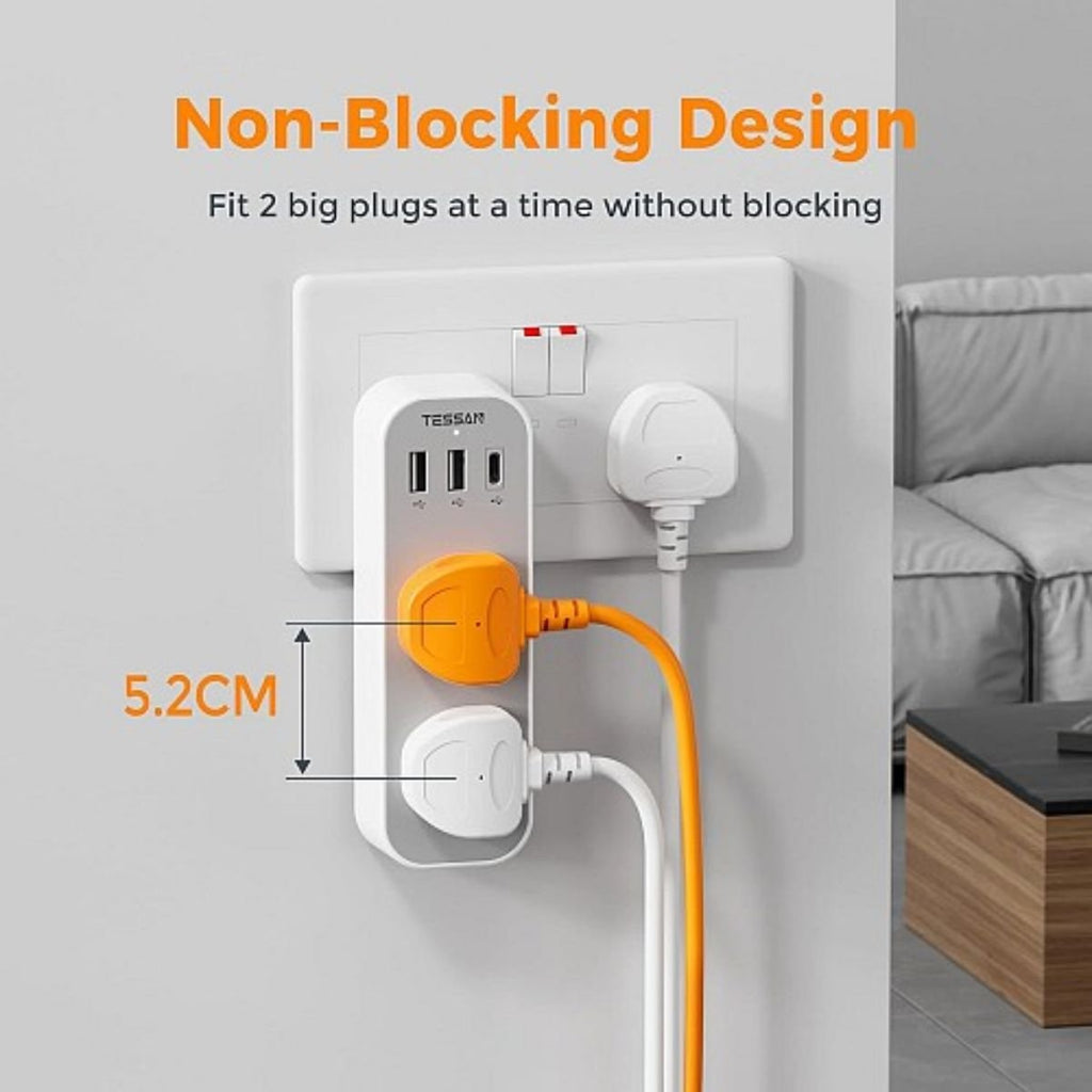 Tessan Αντάπτορας Πρίζας 2 Θέσεων με 3 Θύρες USB TS-222-C