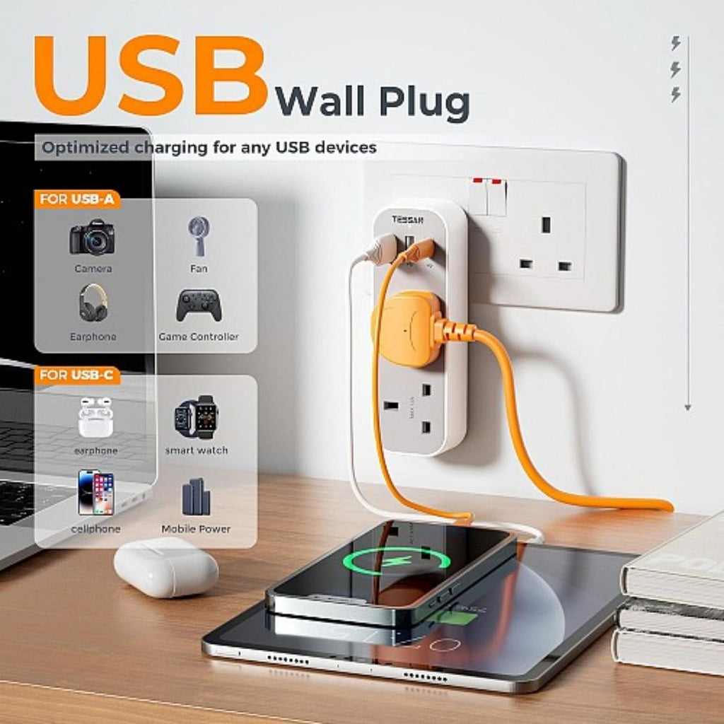 Tessan Αντάπτορας Πρίζας 2 Θέσεων με 3 Θύρες USB TS-222-C