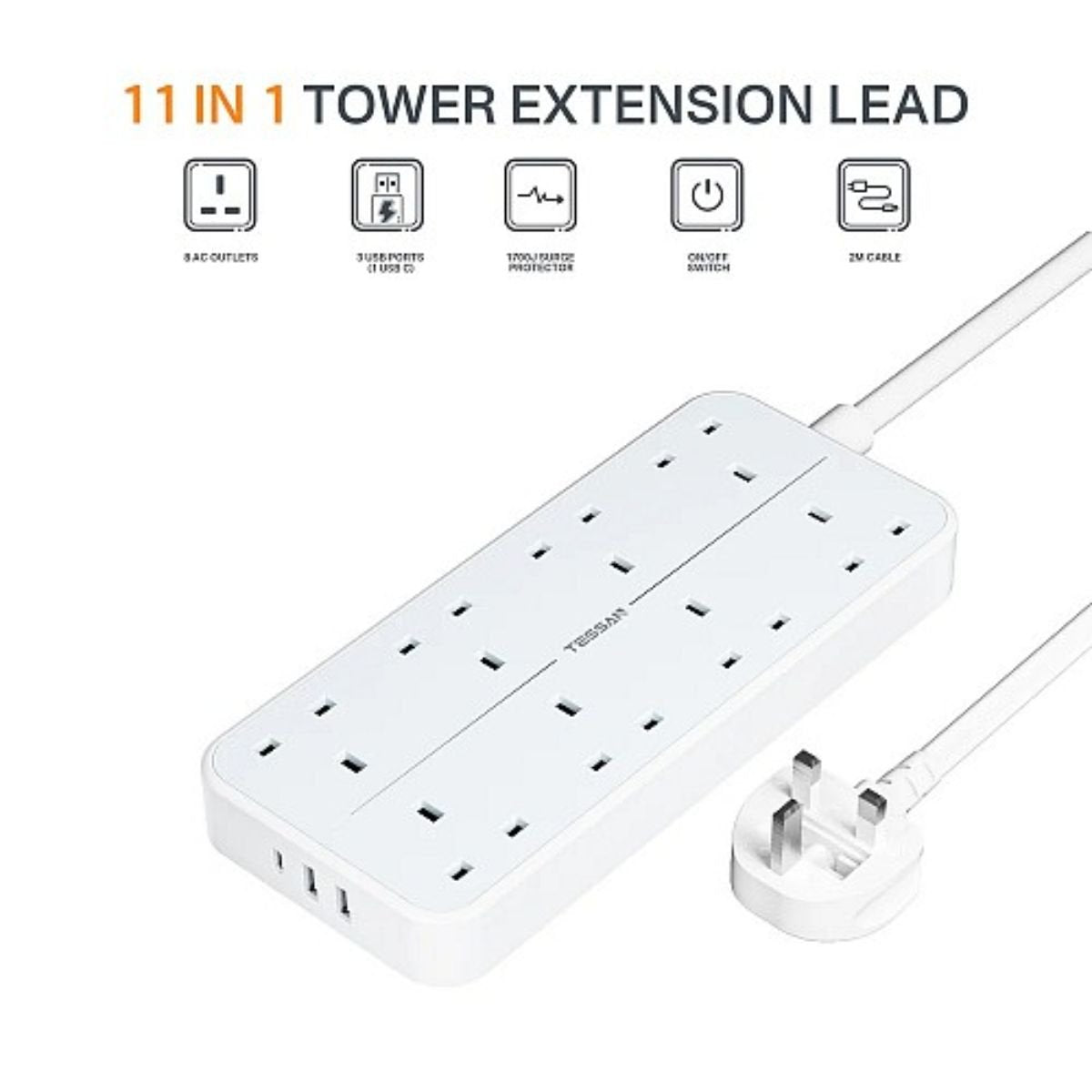 Tessan Πολύπριζο 8 Θέσεων με 3 Θύρες USB και Καλώδιο 2m TS-204-C