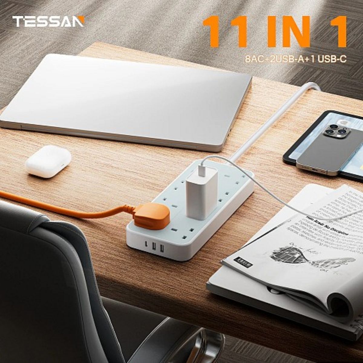 Tessan Πολύπριζο 8 Θέσεων με 3 Θύρες USB και Καλώδιο 2m TS-204-C