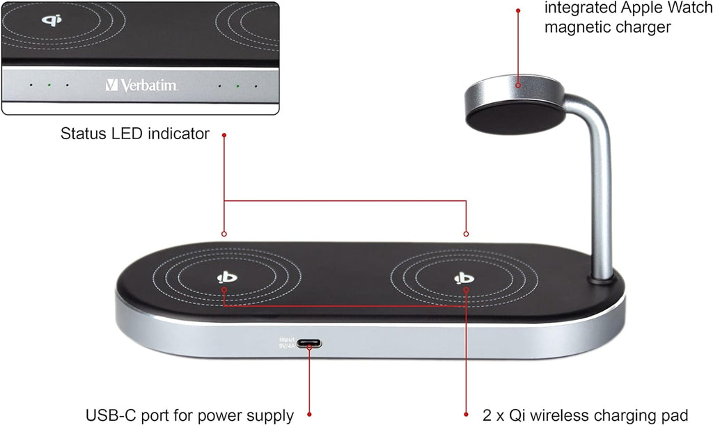 Verbatim WCS-03 3in1 Wireless Charger Qi & MFI Certified for Apple Devices