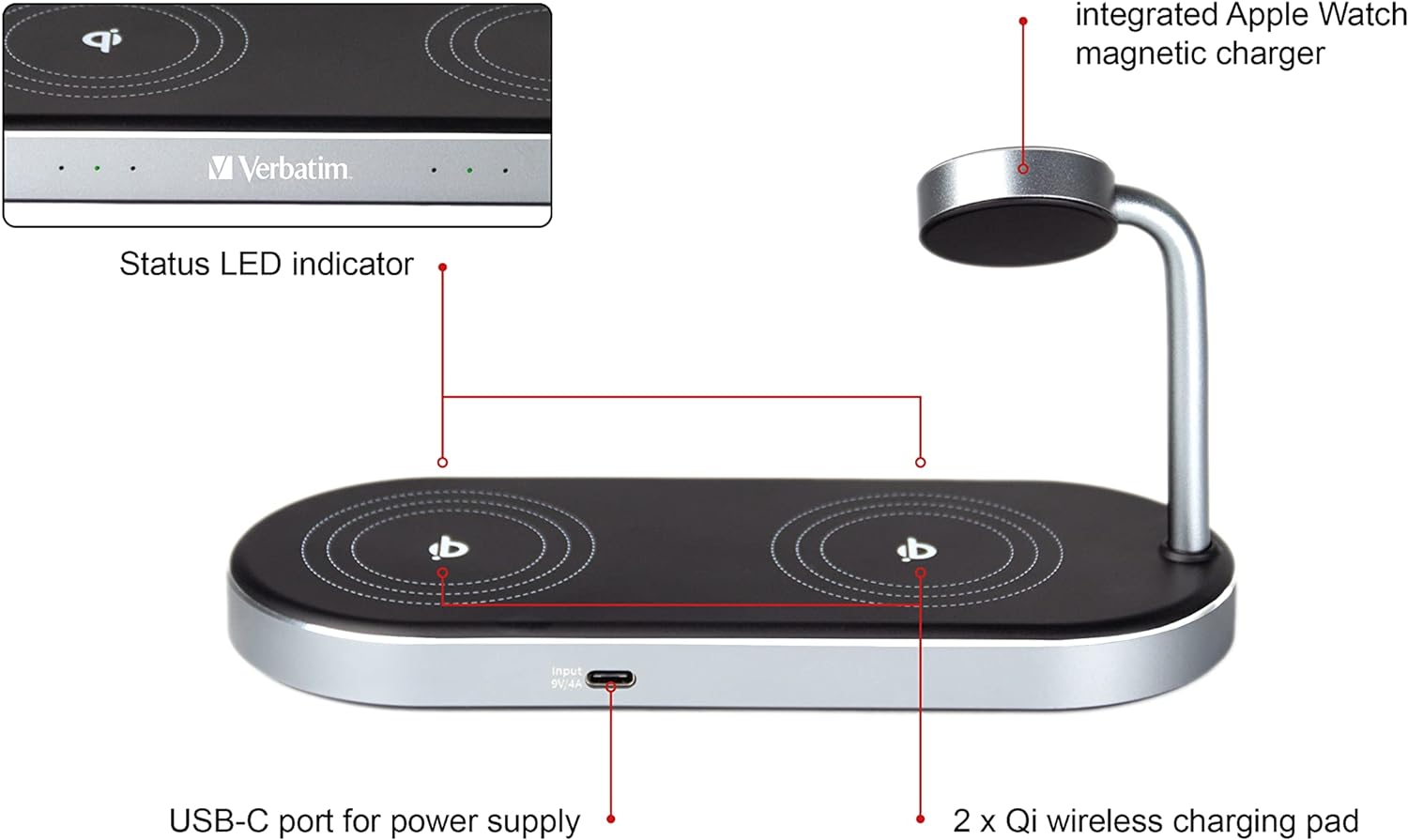 Verbatim WCS-03 3in1 Wireless Charger Qi & MFI Certified for Apple Devices
