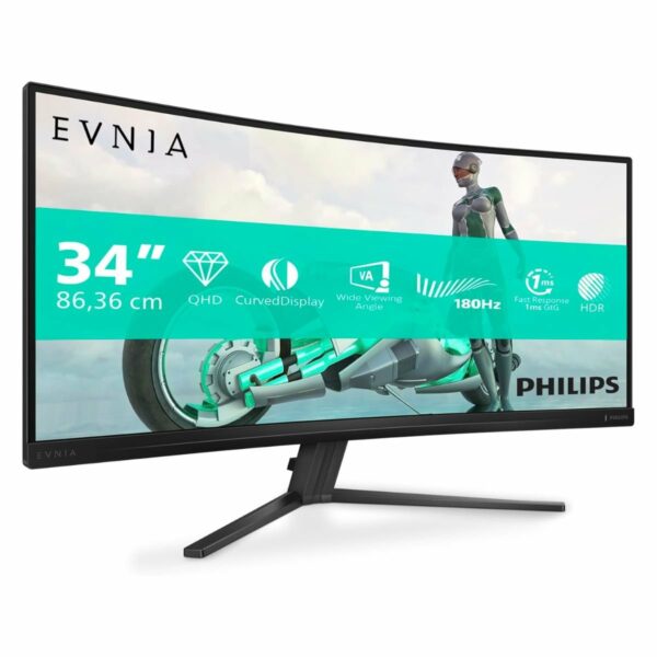 PHILIPS Evnia 6000 Gaming Οθόνη 34″ QD-OLED με Καμπύλη, UltraWide WQHD 3440×1440, DisplayHDR™ True Black 400, VESA ClearMR 9000 & Ambiglow, 34M2C6500/00