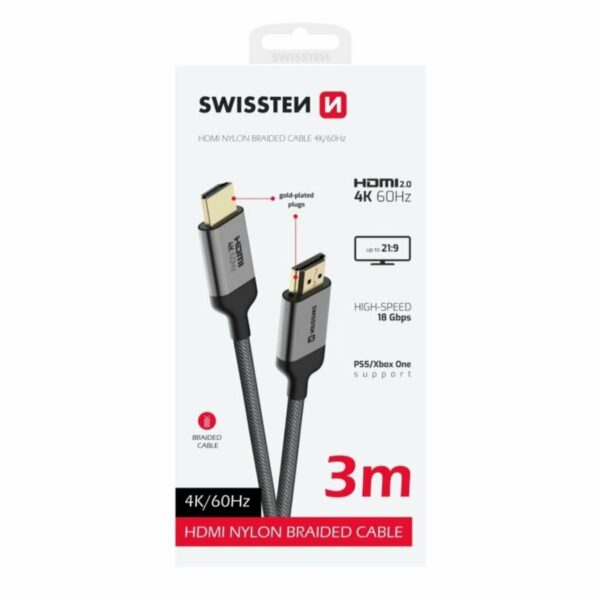 Swissten Καλώδιο HDMI 2.0 4K/60Hz Braided με Gold Plated Βύσματα 3m 75501103
