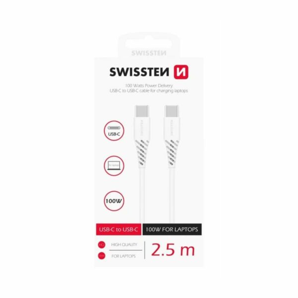 Swissten USB-C σε USB-C Power Delivery Καλώδιο 5A (100W) για Laptop 2.5m 71506530 Άσπρο