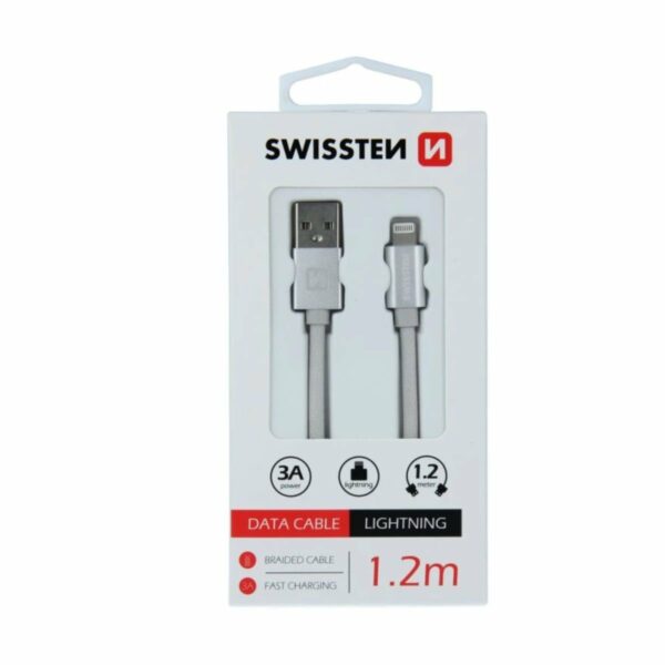 Swissten USB-A σε Lightning Braided Καλώδιο 3A με Μεταλλικούς Συνδέσμους 1.2m 71523203 Ασημί