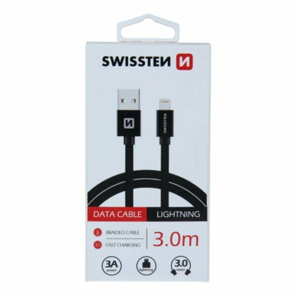 Swissten USB-A σε Lightning Braided Καλώδιο 3A με Μεταλλικούς Συνδέσμους 3m 71527600 Μαύρο