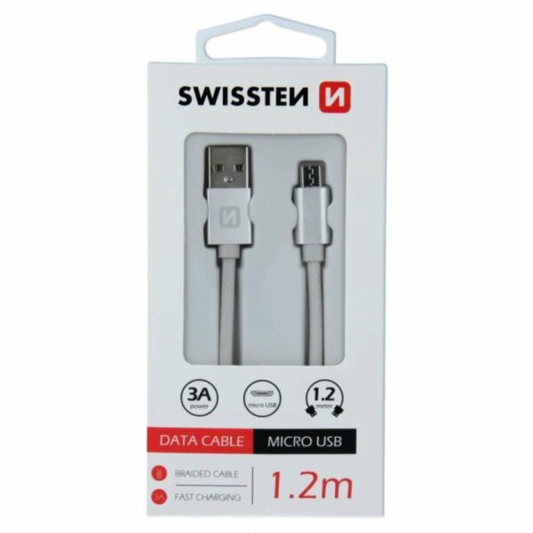 Swissten USB-A σε Micro USB Braided Καλώδιο 3A με Ανοδιωμένους Συνδέσμους 1.2m 71522203 Ασημί